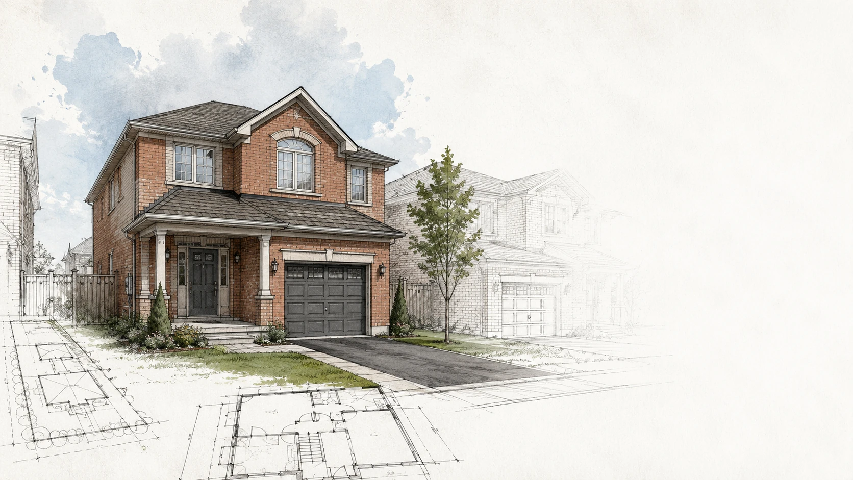 Illustrated brick house with site plan and floor plan sketches